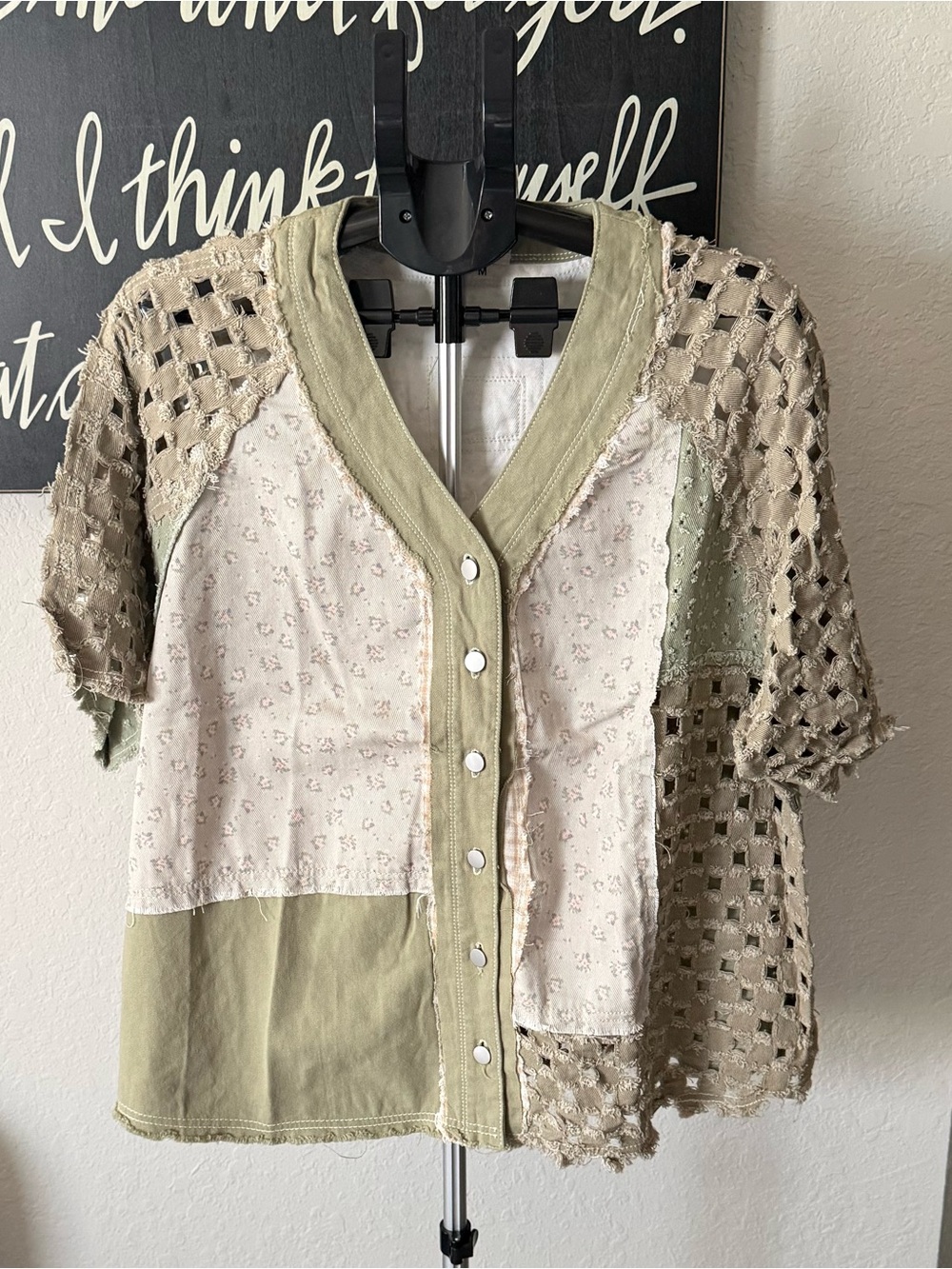 POL Patchwork Button-Front Short Sleeve Top in Olive and Beige